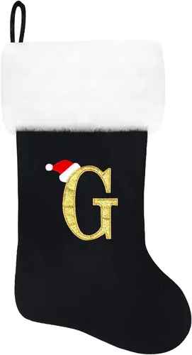 Miniatura 75 de Calcetines de Navidad bordados de 20 pulgadas con monograma, terciopelo negro con puño de felpa blanca supersuave, adornos clásicos para decoración