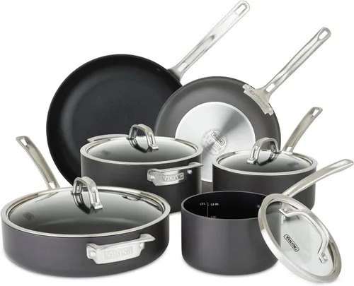 Viking Juego de ollas y sartenes antiadherentes, 10 piezas de utensilios de cocina anodizados duros con tapas de vidrio, color negro