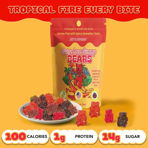 Miniatura 8 de Ositos de gomita de lava especiados hawaianos con li-hing y cáscara de limón, caramelo dulce, ácido y salado hecho en Hawái, aperitivo de gomita