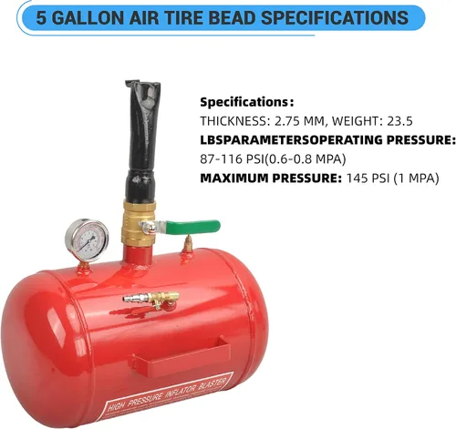 Miniatura 2 de Asentador de talón de neumático de aire de 5 galones, herramienta explosora de 110 PSI para asentar inflador de neumáticos con medidor por GESEXI