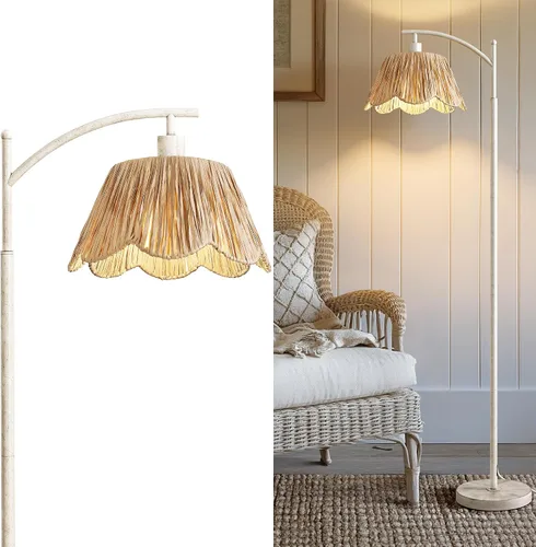 Miniatura 19 de Oneach Lámpara de pie arqueada para sala de estar, lámpara de pie de ratán boho con pantalla tejida a mano, interruptor a pedal, base y poste de Oro