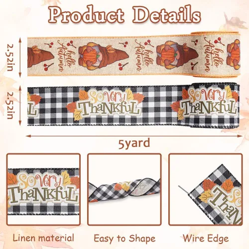 Miniatura 2 de Hying 2 rollos de cintas de gnomos de otoño para lazos de corona, cinta de borde con alambre de Acción de Gracias, cintas de arpillera natural