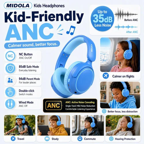 Miniatura 2 de MIDOLA Auriculares para Niños con Cancelación Activa de Ruido Bluetooth 5.4 Inalámbricos con Volumen Limitado 85/94dB, Carga Rápida Tipo C, Sobre