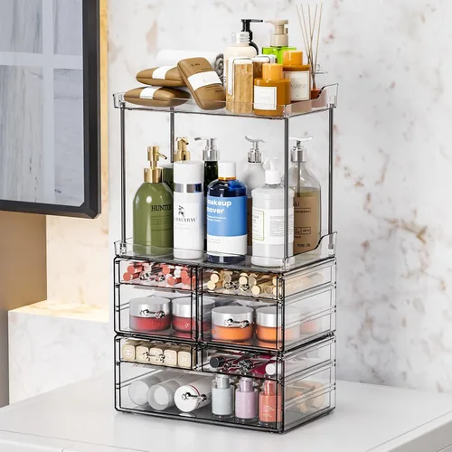 Miniatura 7 de Paquete de 3 organizadores de baño y encimera de almacenamiento con 7 cajones, organizador apilable, organizador de cuidado de la piel de gran
