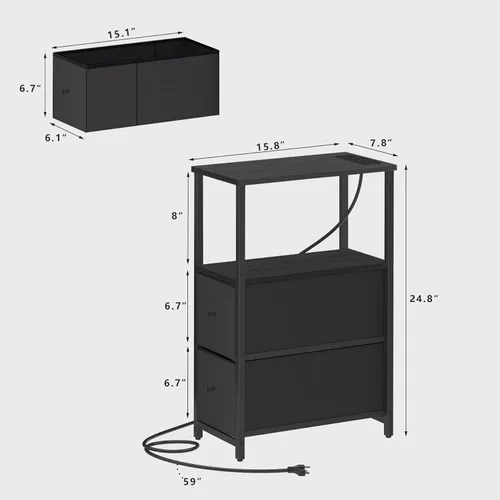 Miniatura 3 de TUTOTAK - Mesa auxiliar pequeña y estrecha con estación de carga; mesa de lado con tomas de corriente; mesita de noche con 2 cajones de tela; mesa