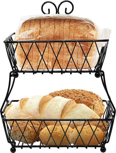 Miniatura 9 de Sorbus Soporte de exhibición de cesta de frutas, 2 niveles, para almacenamiento de verduras, frutas y pan para cocina, baño, rectangular de metal