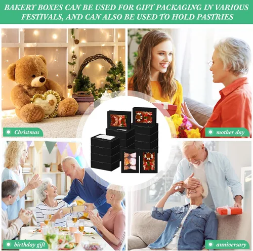 Miniatura 7 de TaoBary 100 piezas Cajas de panadería de 8 pulgadas 8 x 6 x 2.5 pulgadas Cajas de galletas y pasteles con 2 estilos de ventana para galletas, Negro
