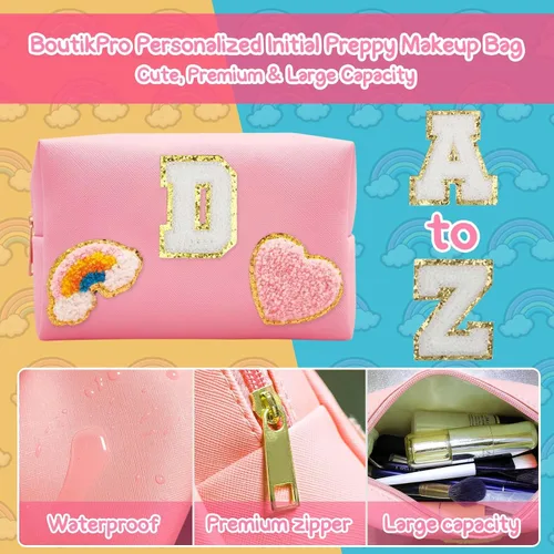 Miniatura 3 de Bolsa de Maquillaje Preppy, Estuche de Lápices de Cuero PU Premium Impermeable Bolsa de Cosméticos con Sonrisa Corazón Arcoíris Bonita Bolsa