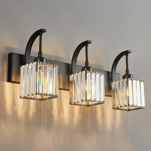 Luces de tocador de cristal de 3 luces negras para tocador de baño, modernas lámparas de baño de cristal sobre espejo de 23.62 pulgadas de largo