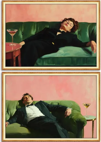 Lienzo de mujer vintage para pared, diseño de mujer victoriana funky en el sofá con imagen de Martini, póster ecléctico de cóctel, decoración de