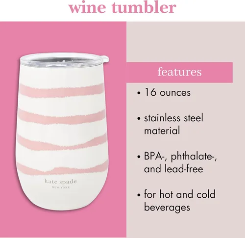 Miniatura 3 de kate spade new york Vaso de vino aislado de acero inoxidable, vaso de doble pared de 16 onzas, taza de viaje sin tallo con tapa (raya diosa)