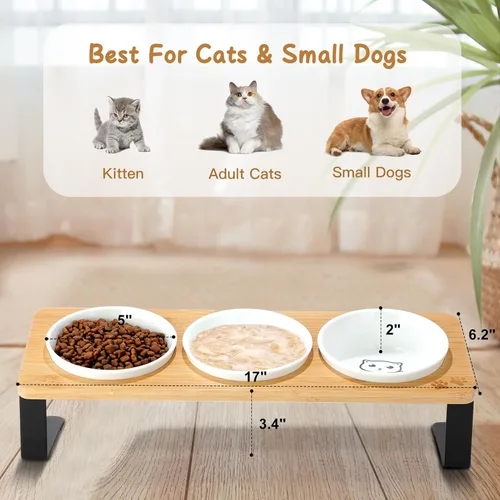Miniatura 4 de 3 cuencos elevados para gatos inclinados antivómitos de cerámica elevados para alimentos y agua, platos para gatos de interior con soporte