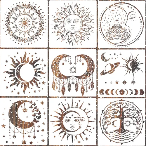 9 plantillas grandes de mandala de sol y luna, plantillas de pintura para manualidades, plantillas reutilizables, plantillas celestiales de