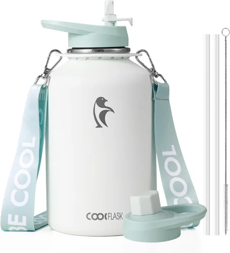 Miniatura 20 de Botella de agua Coolflask de 40 onzas con correa, botella de agua metálica aislada con popote y tapas con pico, acero inoxidable de doble pared al