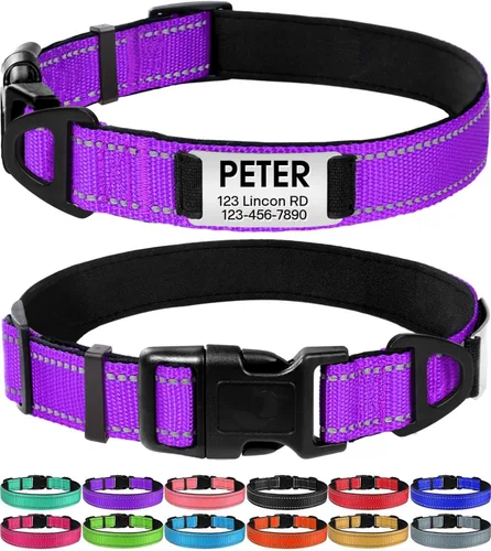 Joytale - Collares de perro personalizados con placa de nombre grabada, collar de nylon personalizado silencioso sin cascabeles con etiqueta de