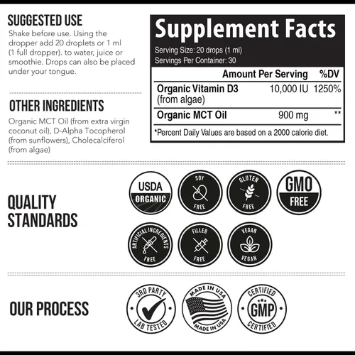 Miniatura 6 de Vitamina D3 orgánica de 10,000 UI – Planta D3, vegana, fuerza máxima sublingual líquido D3 gotas – 200% mayor absorción, 100%