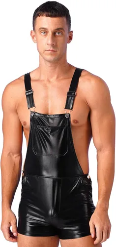 Overol corto metálico brillante para hombre, con correas ajustables, enterizo de una pieza para fiesta, vestido elegante para club