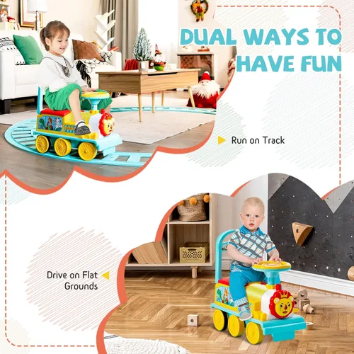 Miniatura 8 de GLACER Tren de paseo con 16 pistas para niños, juguete eléctrico con luces y sonidos, caja de almacenamiento debajo del asiento y pedales Azul