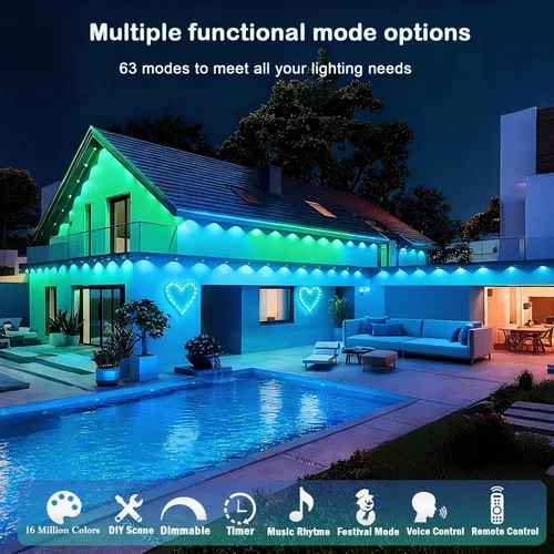 Miniatura 4 de iYogaled Luces exteriores permanentes para casa, 50 pies de luces de borde exterior inteligentes RGB con 63 modos de escena, luces LED impermeables
