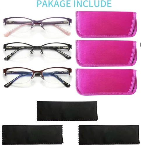 Miniatura 6 de Gafas de lectura con bloqueo de luz azul para mujer, paquete de 3 con marco ovalado de metal, bisagra de resorte, anti rayos azules, fuerza