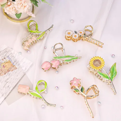 Miniatura 7 de 6 pinzas de metal grandes para el cabello de tulipán, girasol y lirio, pinzas florales antideslizantes para cabello fino y grueso