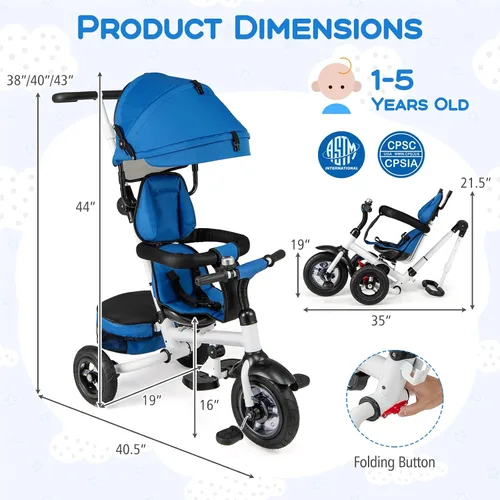 Miniatura 9 de Costzon - Triciclo, 5 en 1 para niños pequeños con mango de empuje plegable, asiento giratorio, rueda EVA, dosel ajustable, canasta de Azul