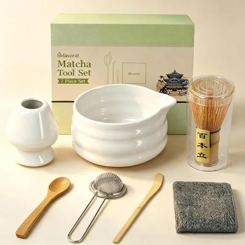 Juego de batidor matcha, kit de matcha de 7 piezas, juego de matcha cerámico premium, batidor y cuenco, colador, soporte para tazas, cuchara de