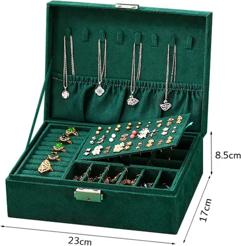 Miniatura 2 de JACIEYU Caja organizadora de joyas grande para mujer caja de almacenamiento de franela de terciopelo con cerradura de seguridad verde oscuro