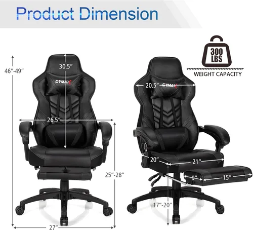 Miniatura 3 de POWERSTONE Silla de videojuegos con reposapiés y soporte lumbar, estilo carreras, piel sintética, ergonómica, ajustable, giratoria, color negro