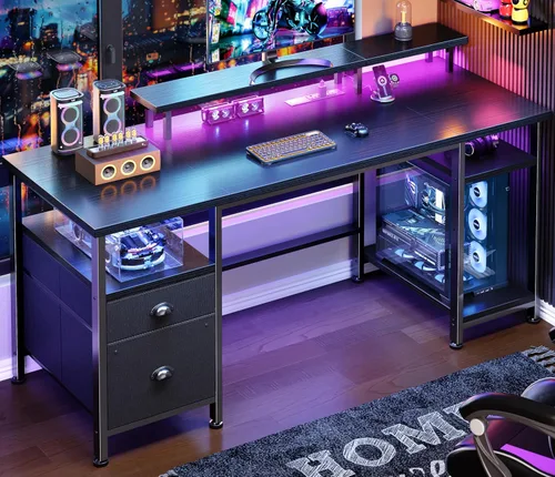 Furologee Escritorio para juegos de 51 pulgadas con tomas de corriente y luces LED, escritorio reversible para computadora con archivador y soporte