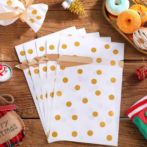 Miniatura 4 de Frienda Paquete de 50 Bolsas de Dulces de Navidad con Cordón Bolsa de Galletas y Dulces con Lunares Dorados Bolsillo de Favor de Plástico