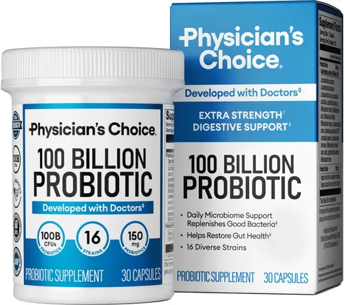 Physician's CHOICE 100 mil millones de probióticos avanzados, 16 cepas + prebióticos orgánicos, salud digestiva e intestinal, apoya el estreñimiento