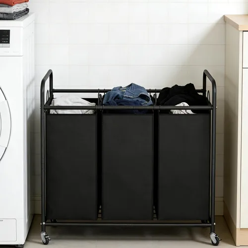Miniatura 2 de LINZINAR Cesta de lavandería de 3 bolsas para organizar la lavandería, con ruedas enrollables y bolsas extraíbles (negro)