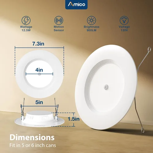 Miniatura 6 de Amico 1 paquete de luz empotrable con sensor de movimiento de 5/6 pulgadas, 12.5 W = 100 W, 950 LM, 2700 K/3000 K/4000 K/5000 K/6000 K