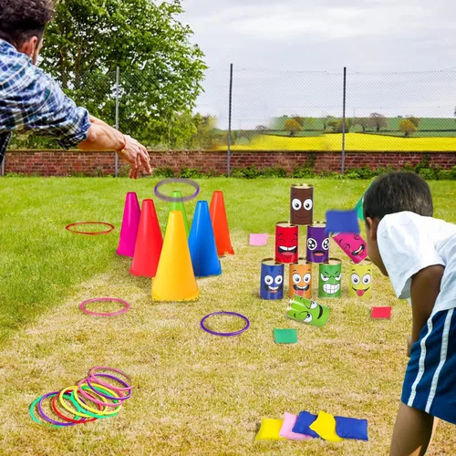 Miniatura 3 de Juego de 36 juegos de carnaval 4 en 1 para lanzar bolsas de frijoles de plástico, juego de lanzamiento de anillo de cono de plástico para interiores