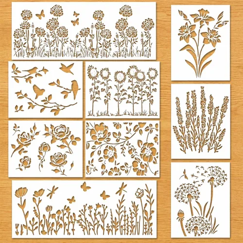 Plantillas de flores para pintar sobre madera, plantilla reutilizable de flores silvestres para pintar en paredes, rosa, flor de cerezo, hortensia,