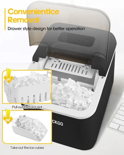 Miniatura 7 de Máquina de hielo rápida para encimera - 9 cubos en 6 minutos, 33 libras/día, autolimpiante, máquina de hielo portátil negra silenciosa con control