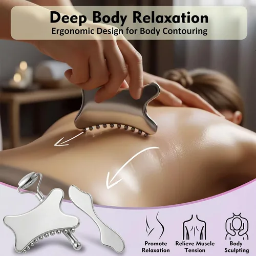 Miniatura 6 de Juego de rodillo facial de acero inoxidable 3 en 1 y Gua Sha – Herramientas de masaje facial de enfriamiento para esculpir, deshinchar y definir