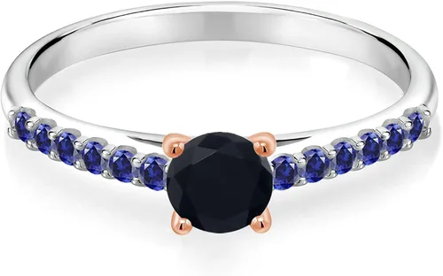 Miniatura 2 de Gem Stone King Anillo de oro blanco de 10 quilates de oro blanco de 10 quilates de ónix negro con puntas de oro rosa