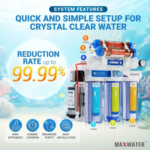Miniatura 4 de Max Water Sistema de filtración de agua de 6 etapas 50 GPD (galones por día) RODI (desionización por ósmosis inversa) + medidor Dgital TDS + bomba