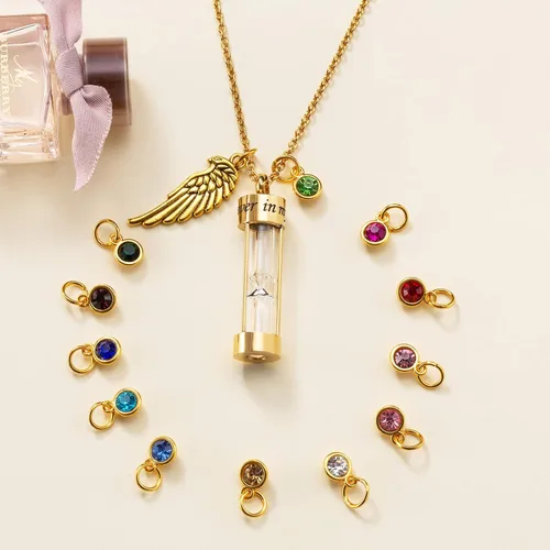 Miniatura 23 de PREKIAR Collar de urna de cremación para cenizas en forma de reloj de arena con dije de recuerdo 12 piedras de nacimiento y un ala de ángel