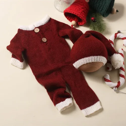 Miniatura 2 de Ylsteed Traje unisex de Navidad para recién nacido: conjunto de mameluco y sombrero de tela mohair, agradable al tacto, alta elasticidad, ligero