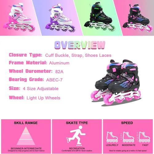 Miniatura 8 de Patines en línea para niñas y niños, patines ajustables de 4 tamaños para niños con ruedas de luz completa y jóvenes de 5 a 14 años, patines