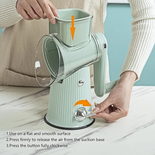 Miniatura 6 de Rallador de queso giratorio con mango: rallador de queso 5 en 1, triturador de queso de manivela con base de succión fuerte, cortador de verduras