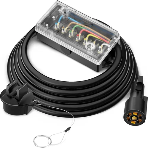 MICTUNING Conector de enchufe de cable de remolque de 7 vías resistente con cubierta transparente, caja de conexiones de 7 bandas de 8 pies,