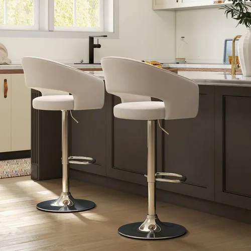 Miniatura 3 de Hyfirm Juego de 2 modernas sillas de bar de cocina con base cromada dorada, taburetes de bar giratorios ajustables con respaldo y reposapiés