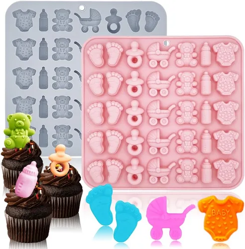 Paquete de 2 moldes de silicona para baby shower, 35 cavidades para pies de bebé, con botella 3D, para chupete, patrón de oso carruaje para fiesta