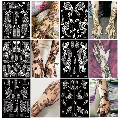 Miniatura 2 de 10 hojas de plantillas de tatuaje de henna 10 pares de plantillas de tatuaje temporal para brazo y mano Tatuajes indios árabes con purpurina Negro