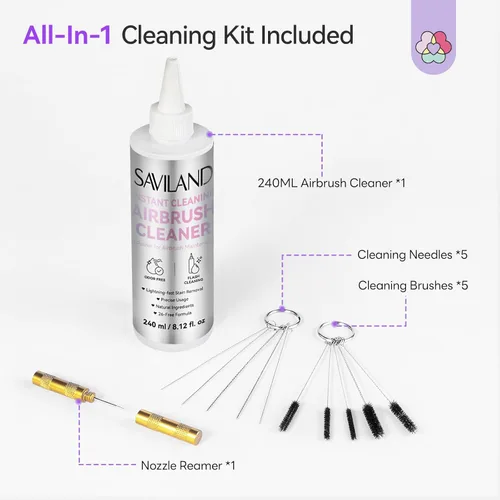 Miniatura 7 de Kit de Limpieza de Aerógrafo SAVILAND: Kit de Limpieza de Aerógrafo Instantáneo 240ml de 10S, Libre de Acetona con Bajo Olor, Incluye Cepillo