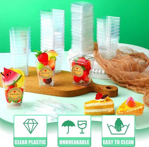 Miniatura 5 de Sieral Paquete de 100 tazas de plástico de postre de 5 onzas con tapas, cucharas, calcomanías, mini vasos transparentes de yogur para aperitivos
